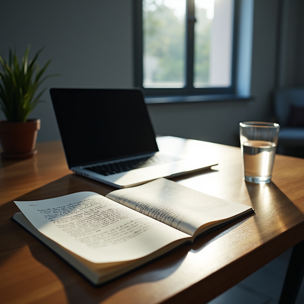 Clean editorial workspace with notebook and laptop representing independent journalism