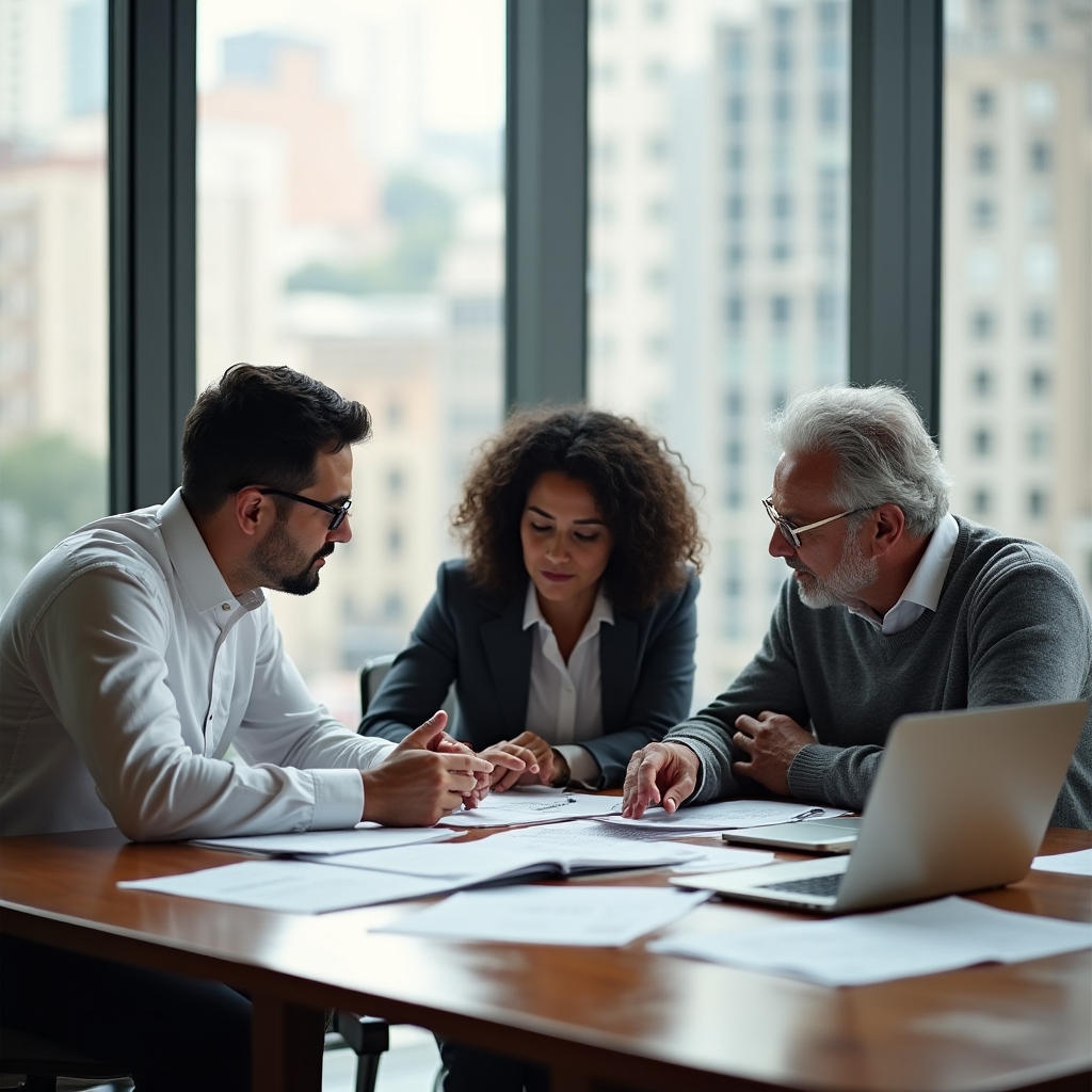 Editorial team in discussion around a table reviewing newsletter content for the week